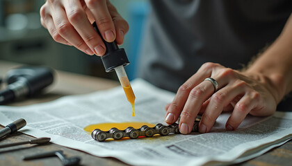 Fototapeta premium Person repairing a bike chain with care in a workshop setting