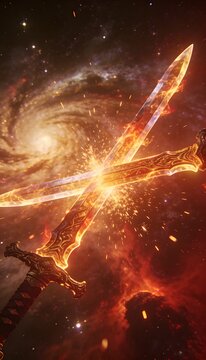 Flaming fantasy swords clashing in cosmic space with sparks and galaxy nebula background
