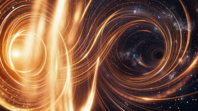 Abstract cosmic background with glowing golden light trails forming an infinity shape in deep space 4k video