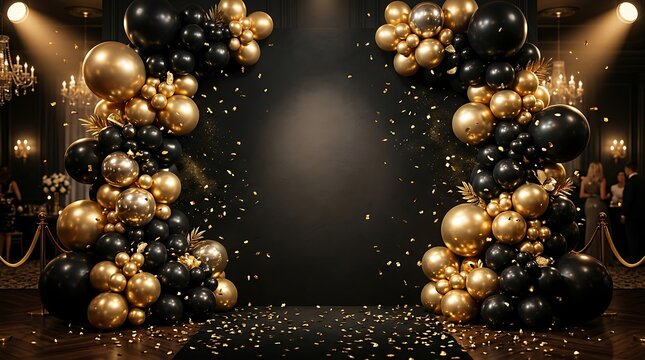 Elegant happy birthday backdrop black and gold balloon garland for celebrations