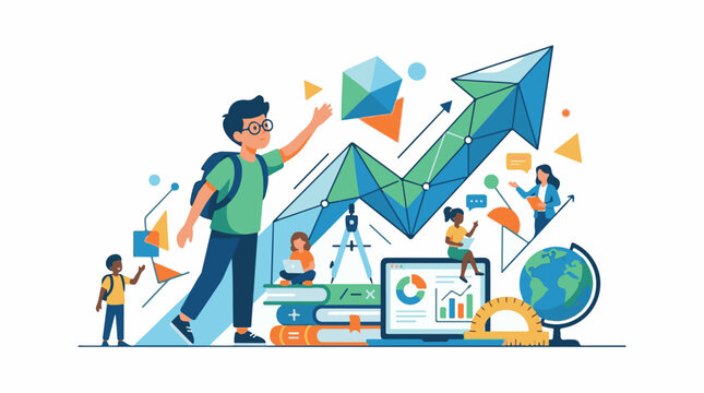 A colorful illustration of students learning with graphs books and technology