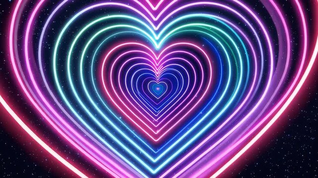 Neon glowing heart tunnel background with starry space effect 4k video
