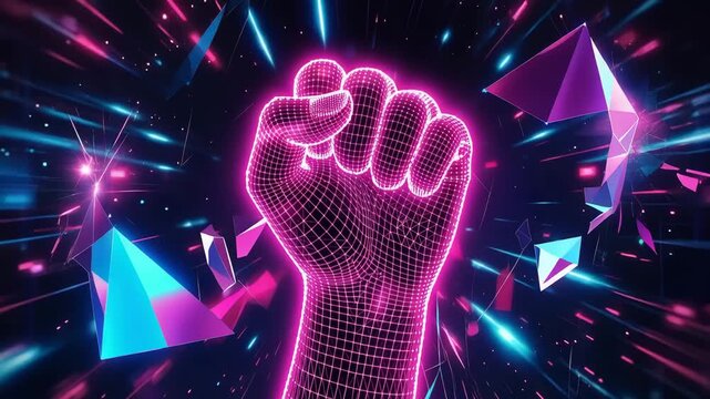 Digital wireframe fist raised in a gesture of power and resistance with neon cybernetic light effects and geometric shards 4k video