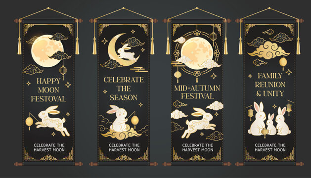 Mid Autumn Festival Set elegant banner gold rabbits, full moon, lanterns and traditional Asian ornaments black background Chinese festival celebration design with harvest moon theme.