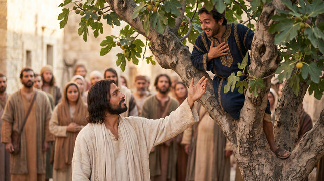 The inspiring biblical story of Zacchaeus climbing a fig tree to see Jesus, who calls him down