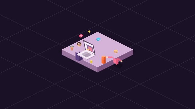 Isometric 3D Animation of a Person Working on a Laptop in Office