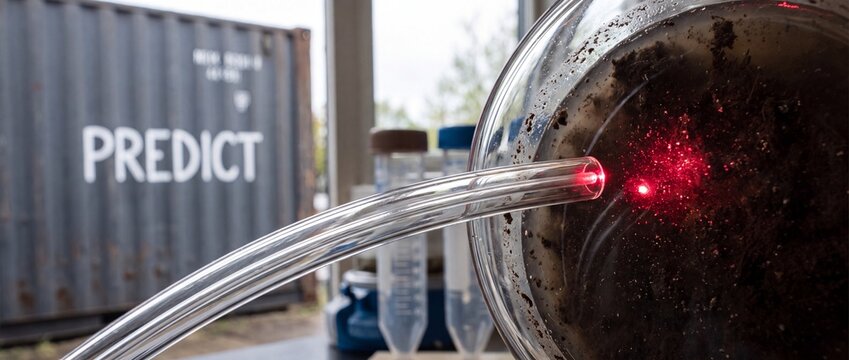Soil analysis laser test research examining soil samples in lab with container background for biotechnology, agricultural science, soil testing, environmental protection and predictive modern science.