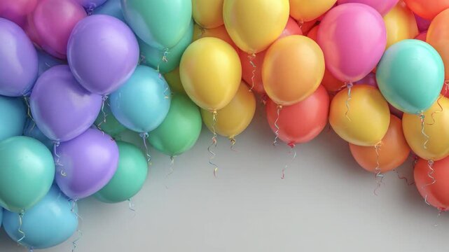 Multicolored balloons floating on a plain background, perfect for birthday parties and celebrations