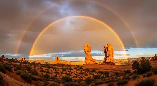 Double rainbow over desert landscape formation.