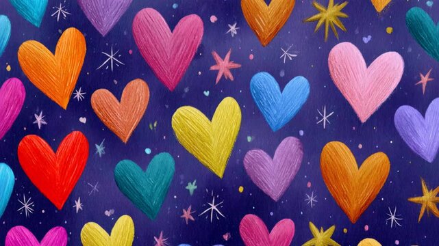 Animated pattern of colorful hand-drawn hearts and stars moving on a dark blue background