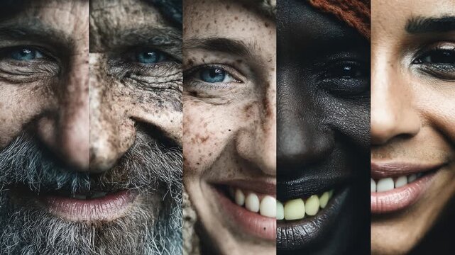 Close-up portraits of multi-ethnic and multi-generational people opening their eyes and smiling