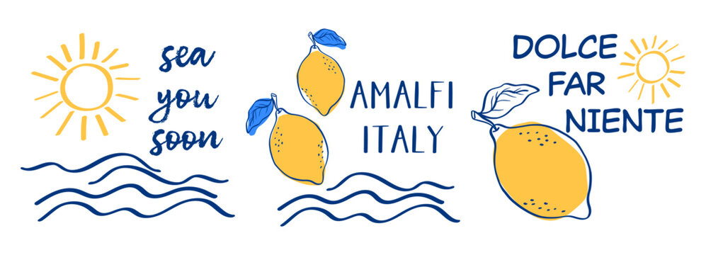 Limoncello italian summer vector frame stamp with lemon and italy. Sea motifs for mediterranean collage border sicily vacation food. Ocean capri logo coast design through restaurant menu.