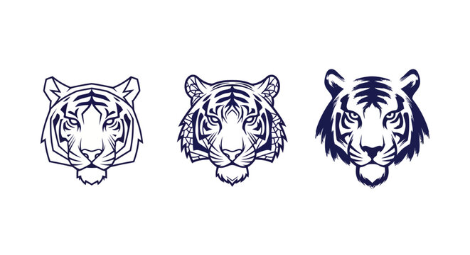 Three stylized tiger head illustrations in blue and white.