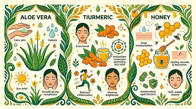 Natural skincare benefits of aloe vera turmeric and honey infographic