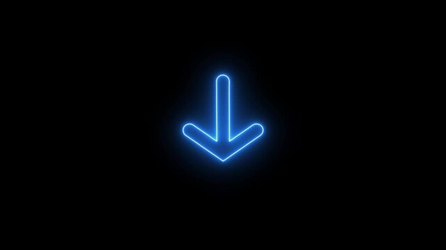 Glowing blue neon arrow pointing down symbol on a dark black background showing a digital direction sign for websites and user interface navigation design elements for modern graphic projects