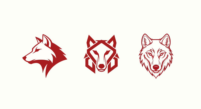 Three stylized red wolf head logos with sharp details.