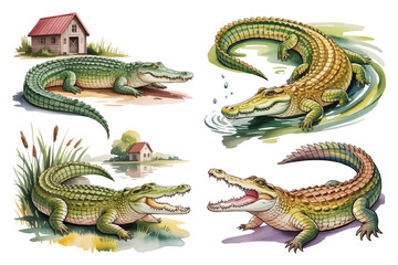 Fototapeta premium set of watercolor Nile Crocodile vector illustration isolated on white background