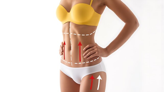 Woman body shaping concept with arrows showing waist reduction and weight loss goals