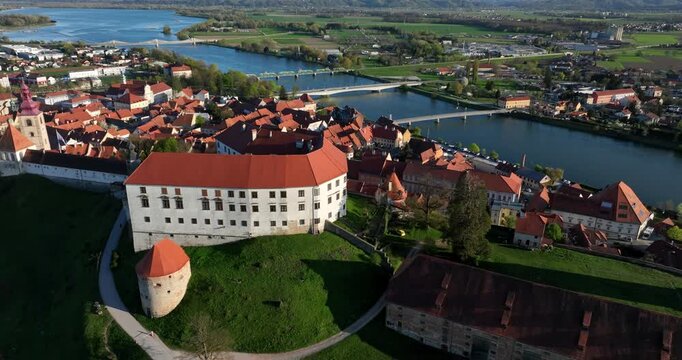 Drone aerial establishing view of Ptuj Castle, Ptuj old town and Drava River, Slovenia.