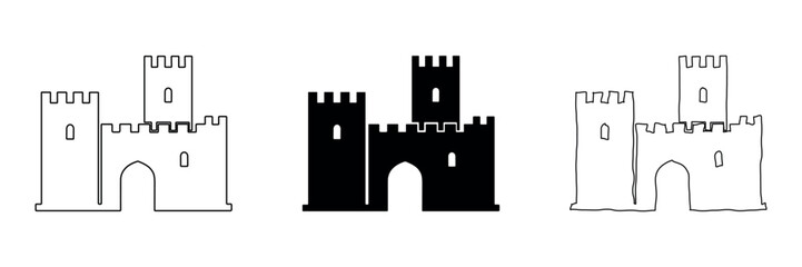 Set of castle icons in outline, solid, and hand-drawn styles © Ophelia