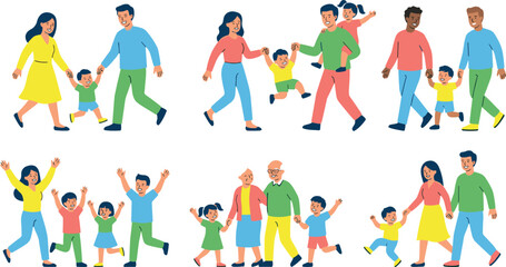 Fototapeta premium Happy Family Walking Flat Character Collection Featuring Parents Children Grandparents Togetherness Playful Kids and Everyday Family Lifestyle Vector Illustrations