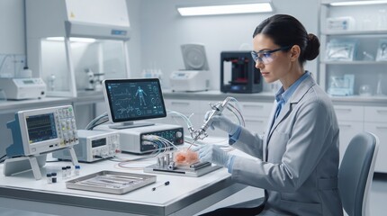 Fototapeta premium Female Biomedical Engineer Testing Medical Device with Surgical Robot in High-Tech Lab