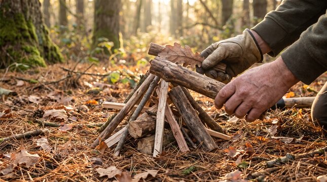 Hands stacking firewood campfire