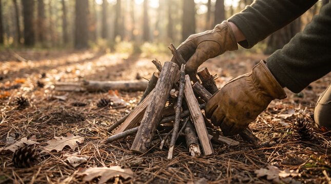 Hands stacking firewood campfire