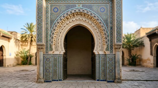 Decorative moroccan archway featuring traditional zellige tilework