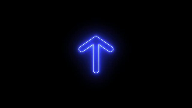 Glowing blue neon arrow pointing up symbol isolated on a dark black background