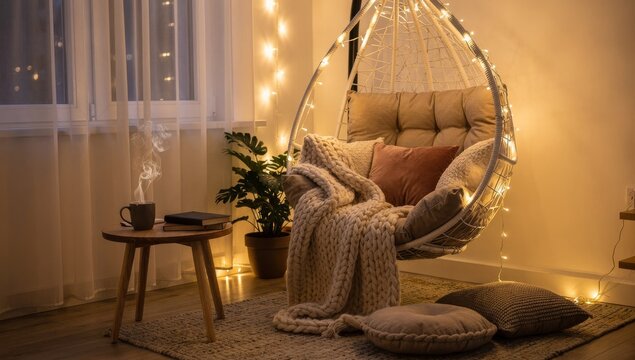Cozy living room interior with hanging egg chair and warm fairy lights at night.