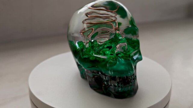 Handmade Orgone Generator Skull with Green Quartz Crystals | Clear Epoxy Resin Spiritual Decor for Reiki Meditation