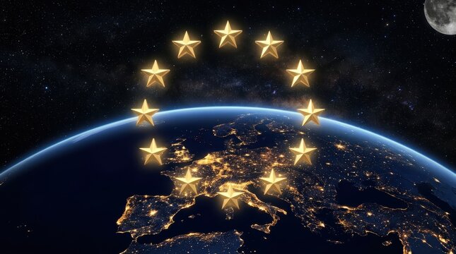 Twelve golden stars arranged in a circle above the illuminated night map of europe from space