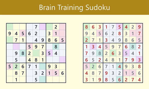 Brain training sudoku puzzle worksheet with colorful solved grid