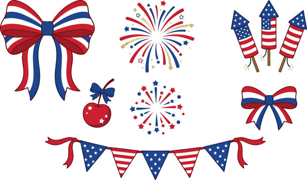 Vector illustration of patriotic decorations with bows, fireworks, rockets, candy apple, and pennant banner in American colors