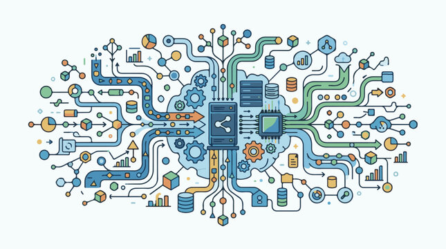 Abstract network of data flow computer hardware and statistical charts