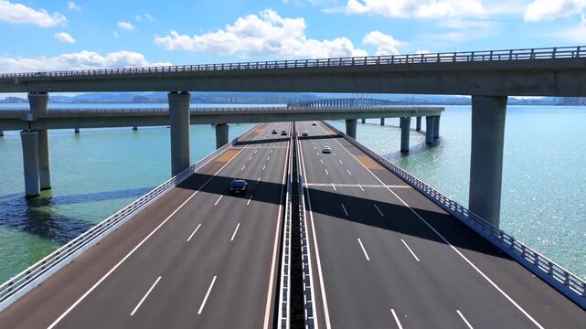 Coastal highway bridge spanning Jiaozhou Bay, Qingdao urban transportation landscape under cloudy sky