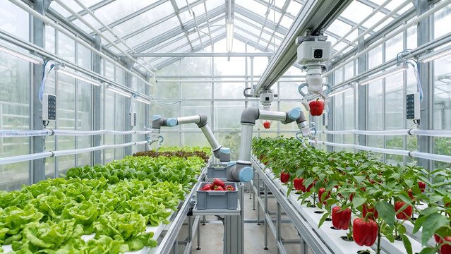 Robotic arms harvesting red bell peppers and lettuce in an automated hydroponic greenhouse with cameras on rails and grow lights representing smart farming agriculture technology