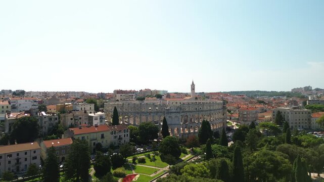 aerial overview of historic Pula city and Roman Arena, Croatia