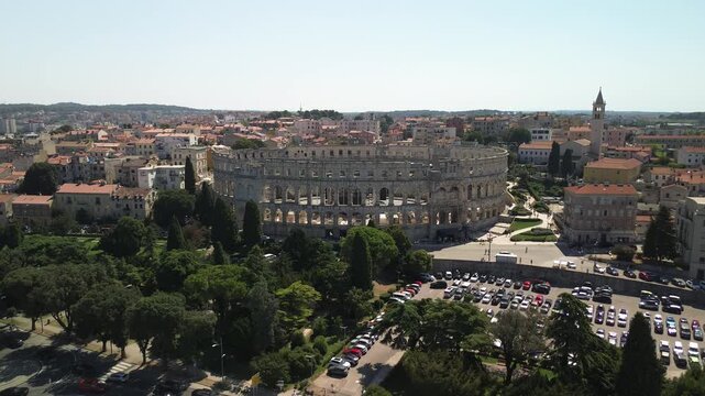 Aerial view of Pula Arena Roman amphitheater in Istria, Croatia