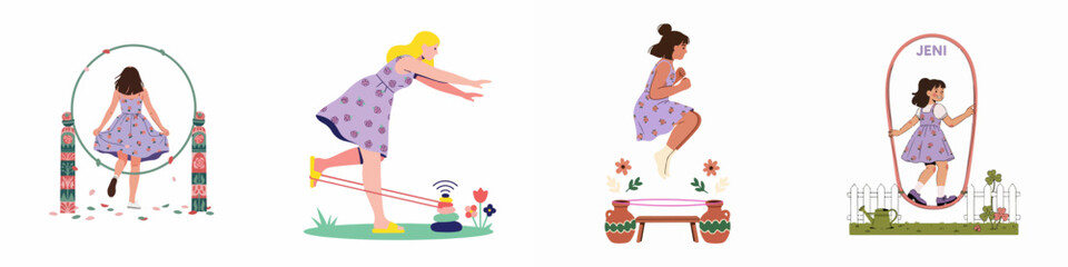Fototapeta premium A collection of flat vector illustrations depicting young girls playing traditional outdoor games, jumping rope, and engaging in folk-style activities.