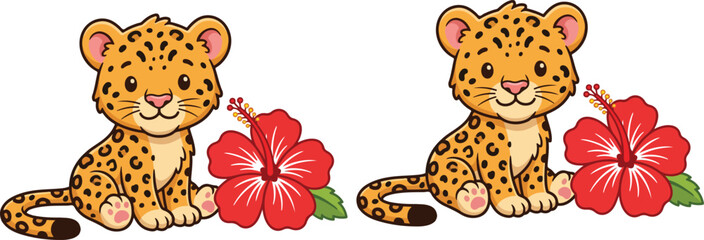 Adorable cartoon leopard cubs with tropical red hibiscus flowers, cute jungle wildlife vector illustration for kids and decor © ABUSAYED