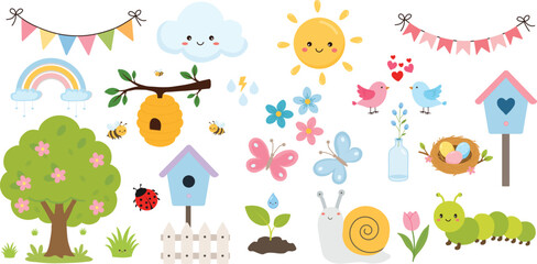 Cute Spring Nature Elements Collection with Kawaii Animals, Flowers and Garden Decorations © Art & Design by Olya