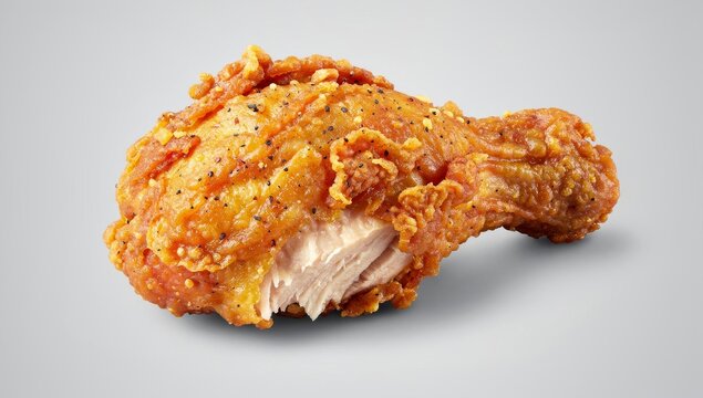 Crispy Golden Fried Chicken Drumstick on Light Background.