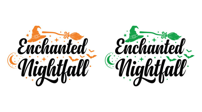 Enchanted nightfall halloween graphic design with witch hats and brooms