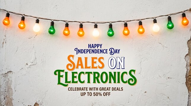 Festive independence day electronics sale advertisement featuring colorful glowing light bulbs against a textured white wall