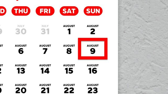 Red cursor highlighting August 9th on a 2026 wall calendar page