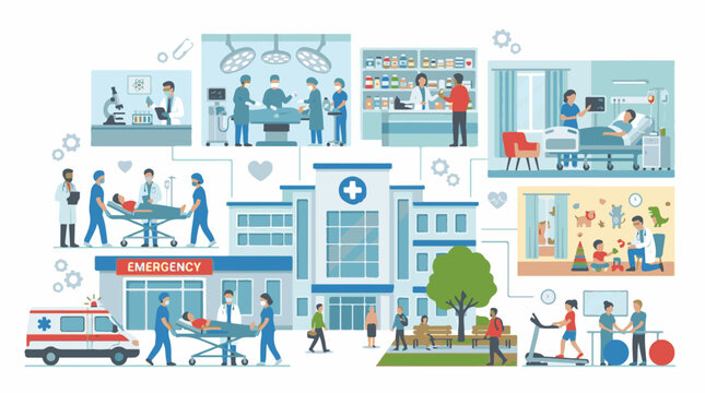 Diverse healthcare scenes from emergency care and surgery to pediatrics and fitness
