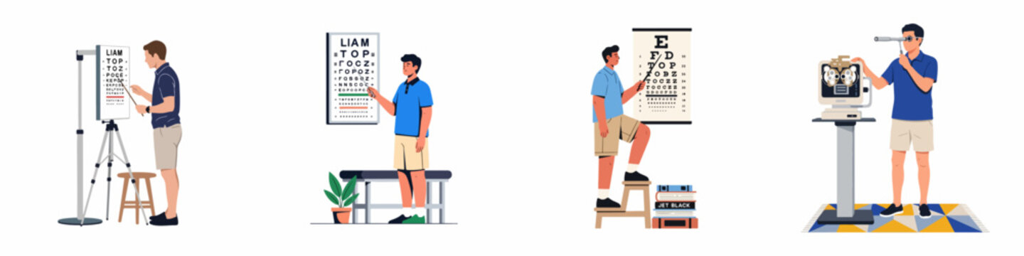A set of illustrations showing men performing eye examinations using various vision testing charts and professional ophthalmic equipment.