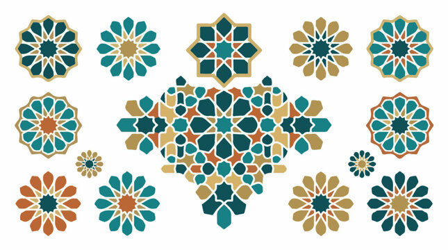 Diverse collection of intricate geometric Islamic patterns in teal gold and rust